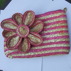 Mud Pie Pink and Tan Straw Clutch